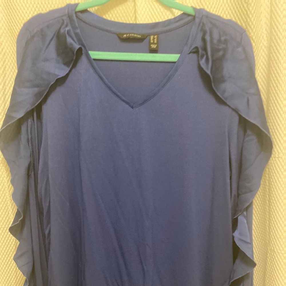 H by Halston Blue Ruffled Long Sleeve Blouse